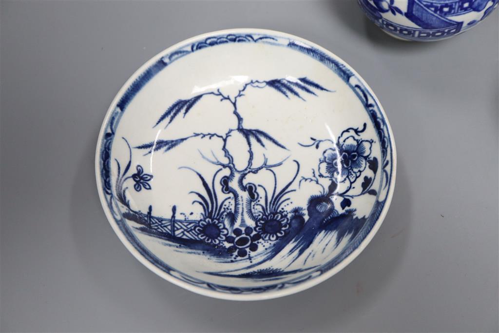 A Worcester Candle Fence tea bowl & saucer, c.1765 and a The Bat sparrow beak milk jug, c.1785,